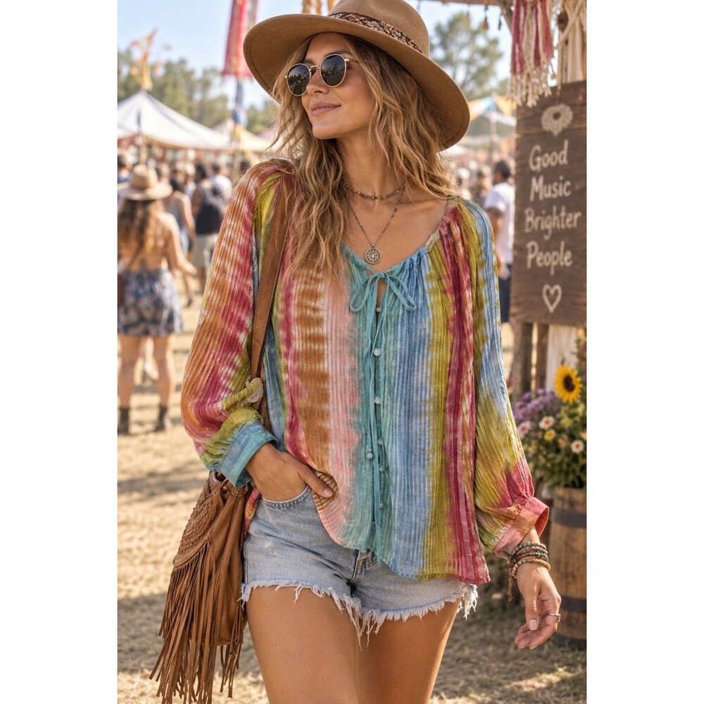 Johnny Was Amanda Bond Silk Blend Blouse Top Womens M/L Multicolor Tie Dye Boho